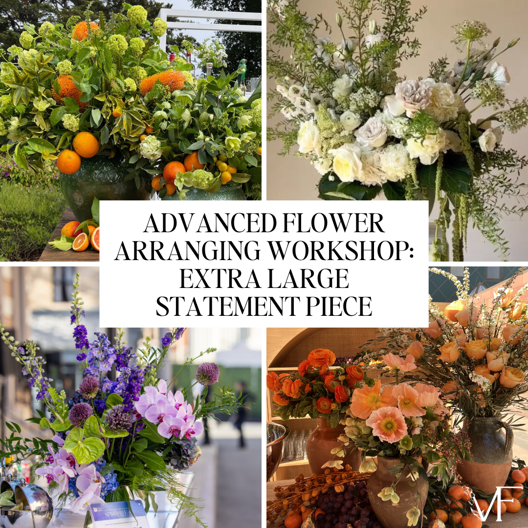 Collage of various flower arrangements with text overlay for an advanced flower arranging workshop.