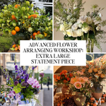 Collage of various flower arrangements with text overlay for an advanced flower arranging workshop.