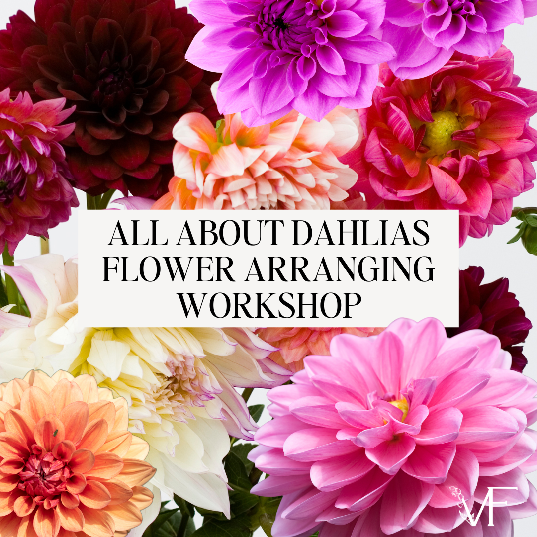 Colorful dahlias with text overlay for a flower arranging workshop