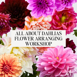 Colorful dahlias with text overlay for a flower arranging workshop