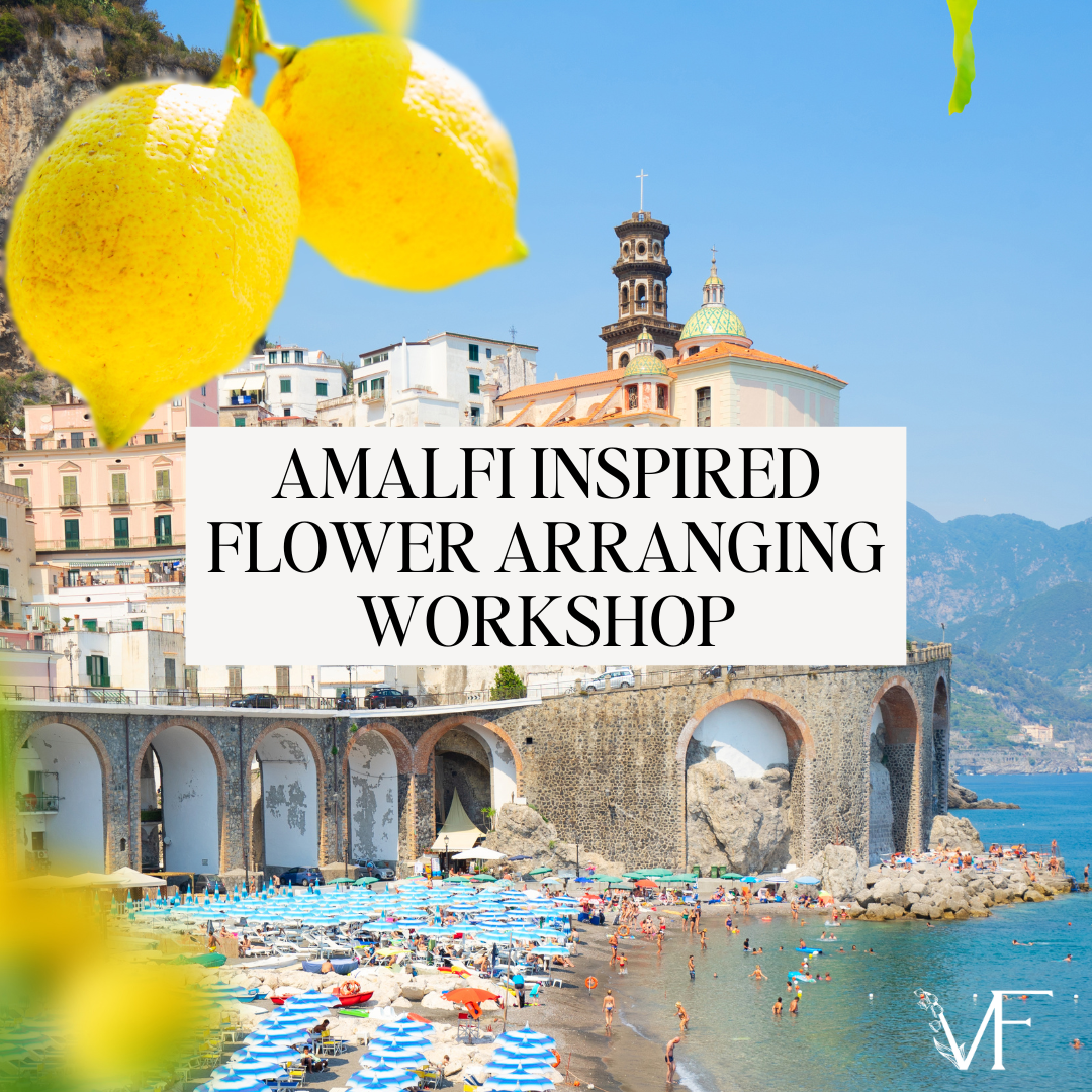 Promotional image for an Amalfi-inspired flower arranging workshop featuring a backdrop of the Amalfi Coast with lemons and a text overlay.