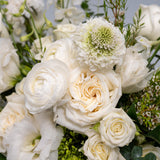 A close-up of a white floral bouquet featuring cream and white roses, a white pom pom chrysanthemum, lisianthus, and green foliage.