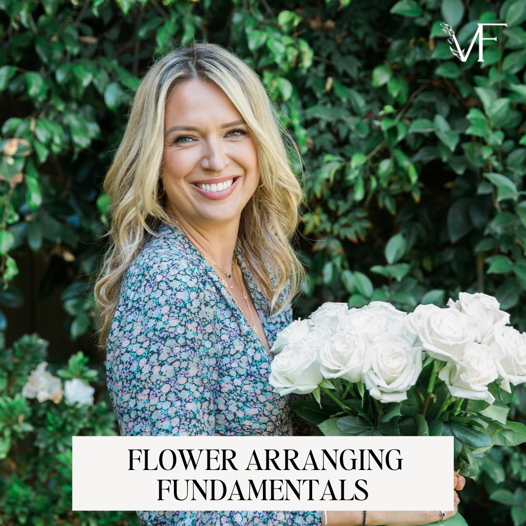 A promotional image featuring a woman with a bouquet of white flowers, with text 'FLOWER ARRANGING FUNDAMENTALS' over a background of greenery.