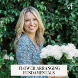 A promotional image featuring a woman with a bouquet of white flowers, with text 'FLOWER ARRANGING FUNDAMENTALS' over a background of greenery.
