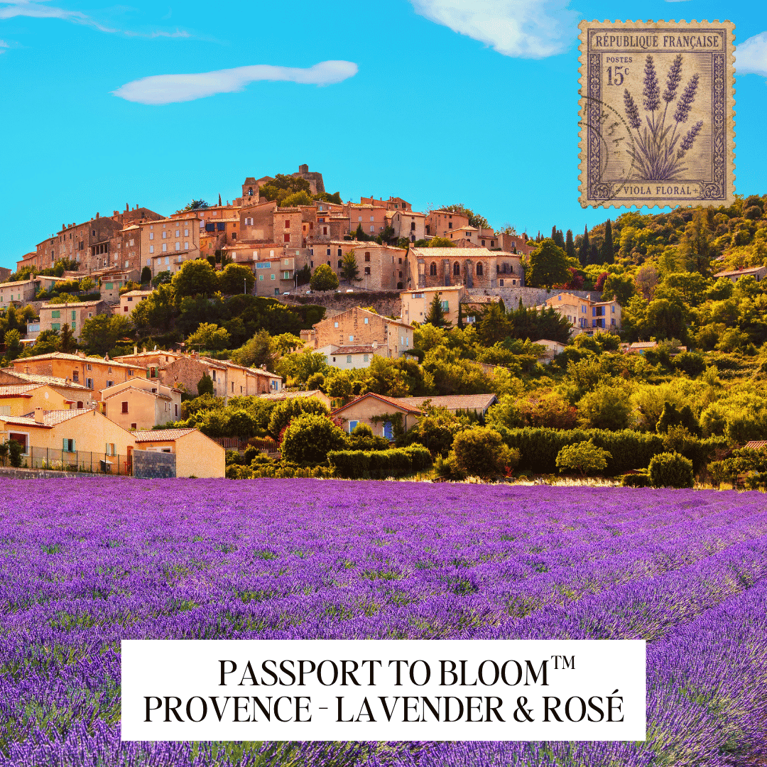 A scenic Provence landscape with a lavender field in the foreground, a hillside village, and a blue sky. A vintage-style French lavender postage stamp appears in the top right, and a white label at the bottom reads 'PASSPORT TO BLOOM™ PROVENCE - LAVENDER & ROSÉ'.