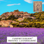 A scenic Provence landscape with a lavender field in the foreground, a hillside village, and a blue sky. A vintage-style French lavender postage stamp appears in the top right, and a white label at the bottom reads 'PASSPORT TO BLOOM™ PROVENCE - LAVENDER & ROSÉ'.