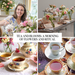 Collage of a woman with flowers, a table setting with tea and flowers, and teacups with floral patterns.