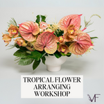 Tropical flower arrangement with pink and green leaves on a white background, featuring text for a workshop.