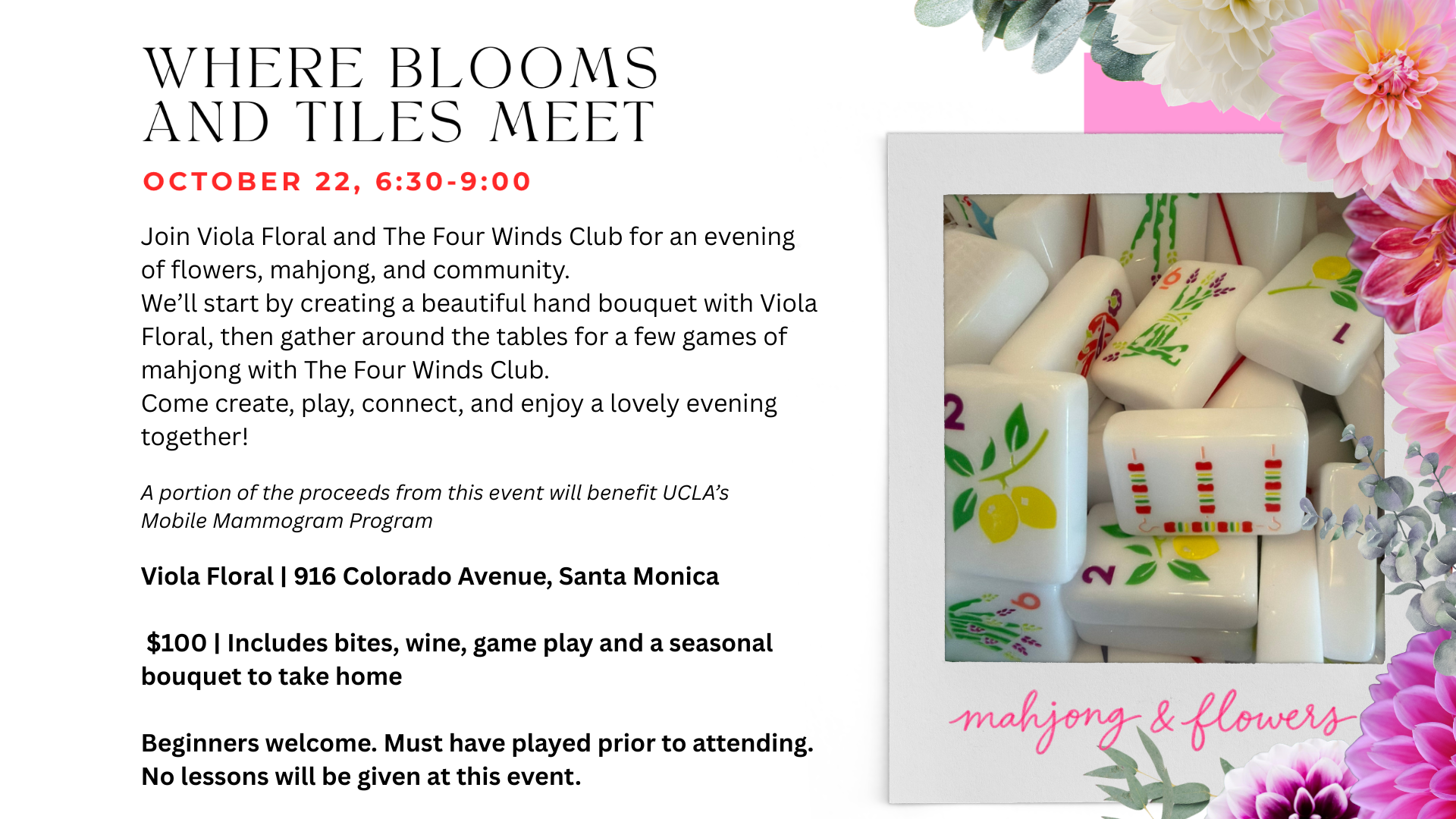 Promotional flyer for an event titled 'Where Blooms and Tiles Meet' on October 22, featuring text on the left and a styled floral and home decor photo on the right. The flyer includes event details, pricing, and registration information.