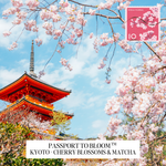 A scenic cherry blossom view of a red pagoda in Kyoto under a blue sky, with pink blossoms framing the top and sides. A pink postage stamp graphic appears in the top right, and a white label at the bottom reads 'PASSPORT TO BLOOM ™ KYOTO - CHERRY BLOSSOMS & MATCHA'.