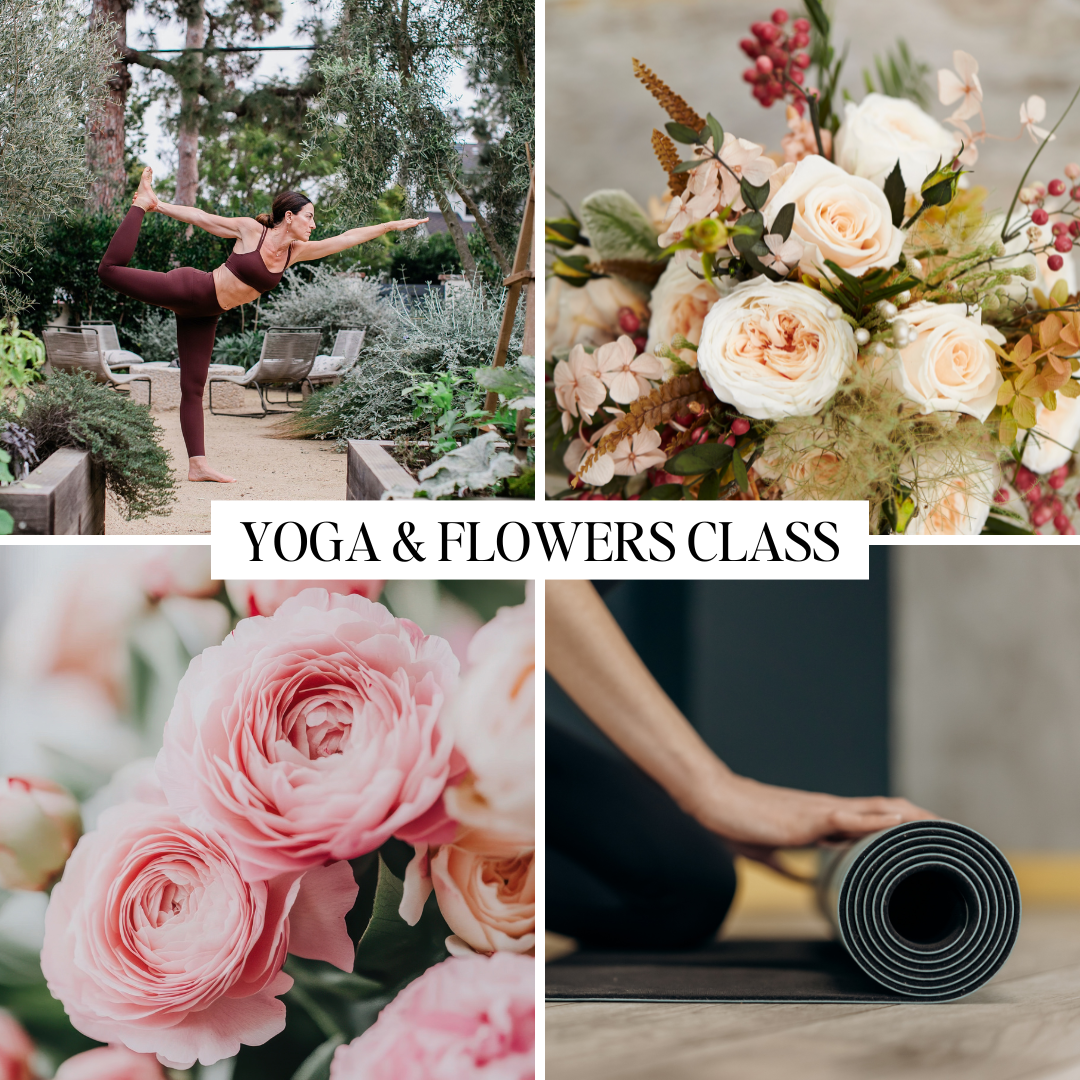 Yoga class and floral arrangement with text 'Yoga & Flowers Class'.